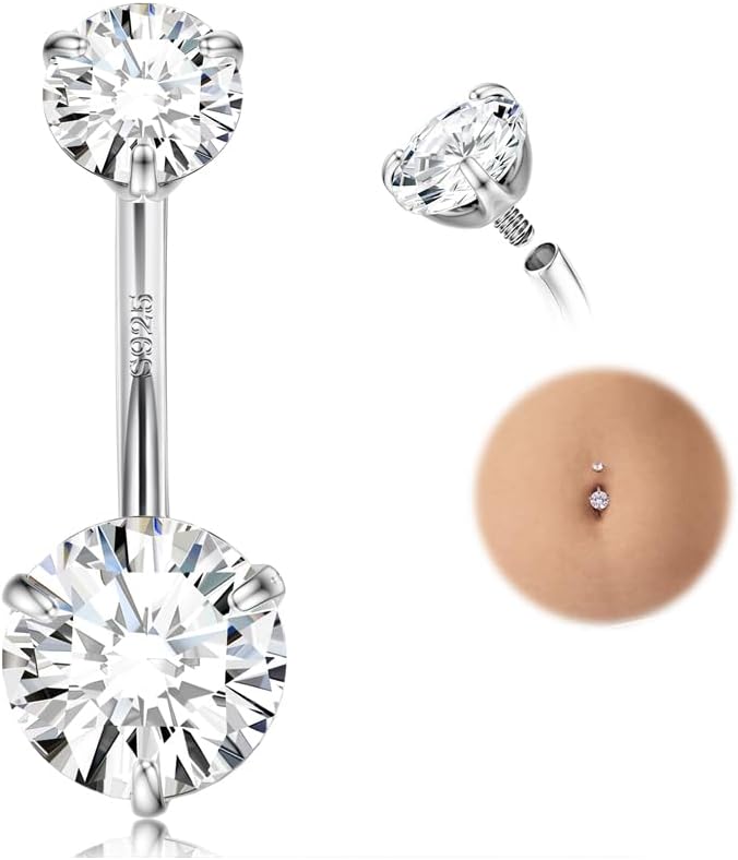 Finrezio 925 Sterling Silver Belly Button Rings for Women Belly Bars 14G Austria Crystals Belly Piercing Body Navel Piercing Jewelry Hypoallergenic