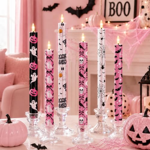 Image of Aurelema 6 Pcs Halloween LED Flameless Candle Set Pink Spooky Taper Candles Battery Operated with Remote Cute Ghost Candles Horror Pumpkin Decorations for Home Halloween Party Favors Holiday Decor