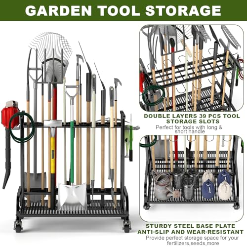 tonchean Garden Tool Tower Storage Rack with Wheels 360° Rotating Garden Tool Storage Organizer Trolley Shelf Heavy Duty Lawn Tool Holder Rolling Tool Cart for Garage Shed Workshop Patios