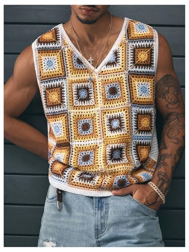 Verdusa Men's Boho Floral Crochet Sweater Vest Summer Streetwear Going Out Knit Tops4