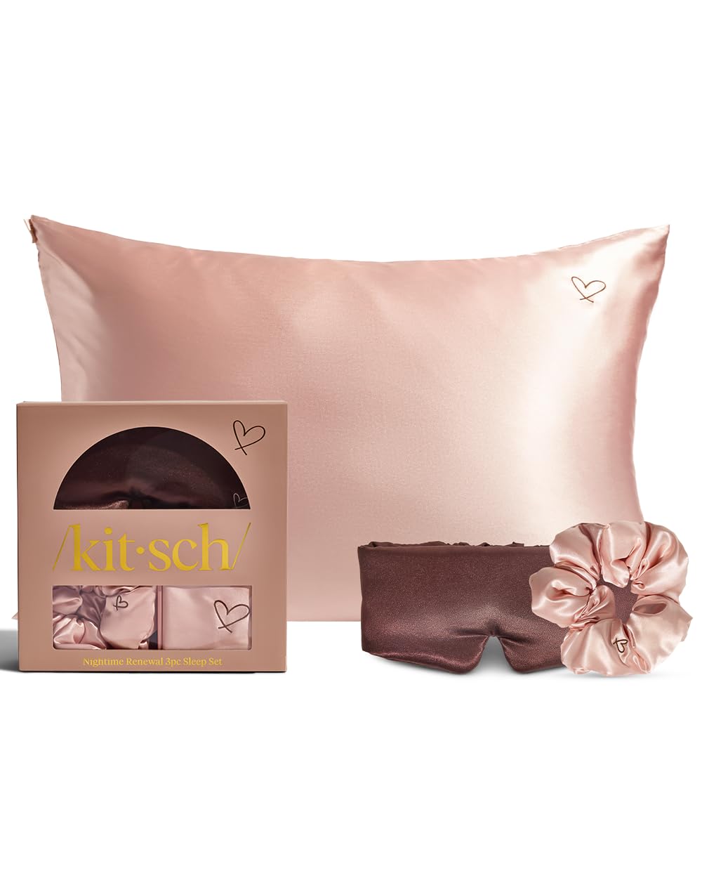 Kitsch Night time Renewal 3PC Sleep Set - Satin Pillowcase with Zipper for Hair & Skin - Softer Than Silk, Queen/Standard Size with Satin Pillow Scrunchie No-Damage Hair Tie and Satin Pillow Eye Mask