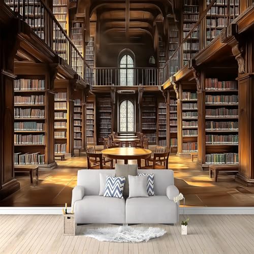 Papier peint mural bibliothèque vintage pour salon et chambre coucher 3D