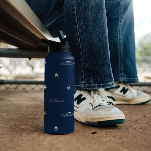 Image of Logo Brands NCAA UConn Huskies Step & Repeat 34 oz Stainless Steel Quencher Bottle - All Over Logo Design, No-Spill Lid, Easy Carry Handle - Keeps Drinks Cold For Hours