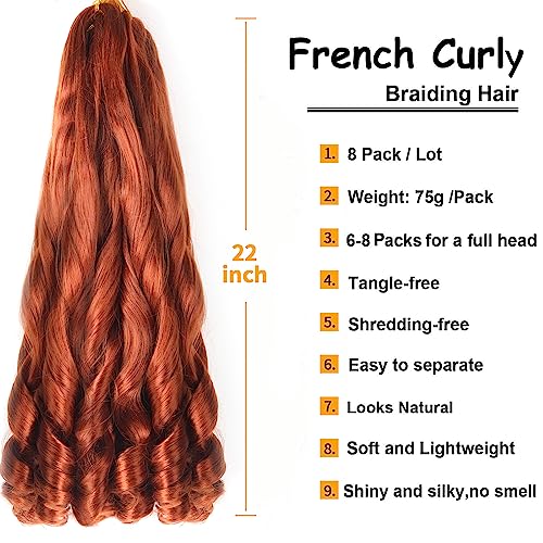 French Curly Braiding Hair 22 Inch 8Pack/lot Ginger Color Loose Wavy Spiral Curl Braids Crochet Hair Deep Wave Synthetic Extensions Pre Stretched Bouncy Braiding Hair wave (350#) - Image 2