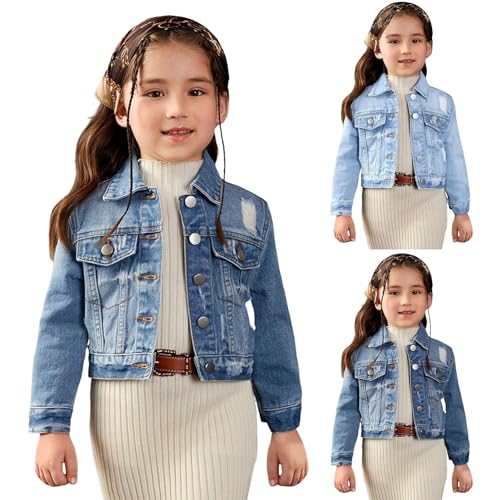 Kids Girls Denim Jacket with Pocket Button Down Lapel Neck Long Sleeve Aesthetic Jean Coat Vintage Warm Clothes