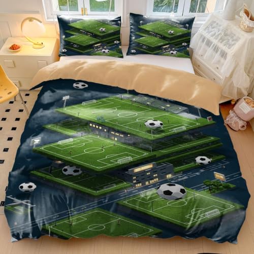 Juego de funda de edredón con diseño de ilusión de campo de fútbol, ropa de cama de fútbol con temática deportiva verde, ropa de cama individual (03, tamaño King 240 x 220 cm + 50 x 75 cm x 2)
