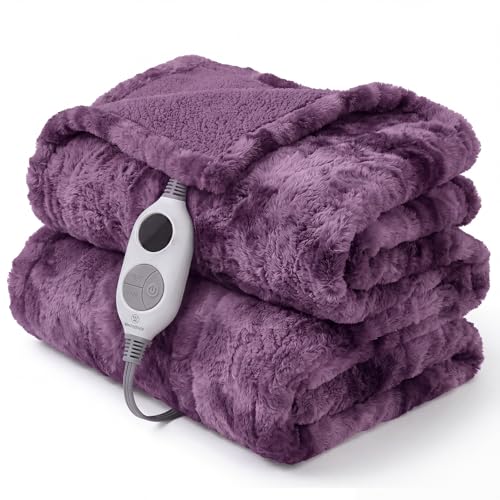 Image of Westinghouse Electric Heated Throw Blanket, Faux Fur with 6 Heating Levels & Auto Off, Soft Cozy Sherpa Washable Blanket (50 inch x 60 inch, Purple)