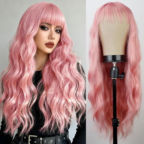 Pink Wig with Bangs Soft 26 Inch Long Curly Wavy Wigs for Women Heat Resistant Synthetic Fiber Cosplay Halloween Daily Party Wigs (Pink)