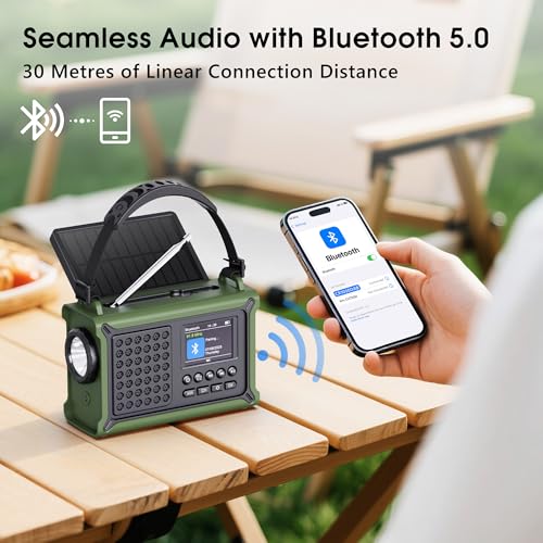 Kurbelradio DAB/DAB+/UKW mit 12000mAh Akku, Notfallradio mit 8500mm² Solarpanel, Handkurbel Blackout Notfallausrüstung, Digital Radio mit Bluetooth 5.0, Taschenlampe & Leselicht für Outdoor, Camping