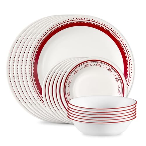 Corelle Everyday 18-PC Dinnerware Set Service for 6, Durable and Eco-Friendly, Higher Rim Glass Plate & Bowl Set, Microwave and Dishwasher Safe, Sadie