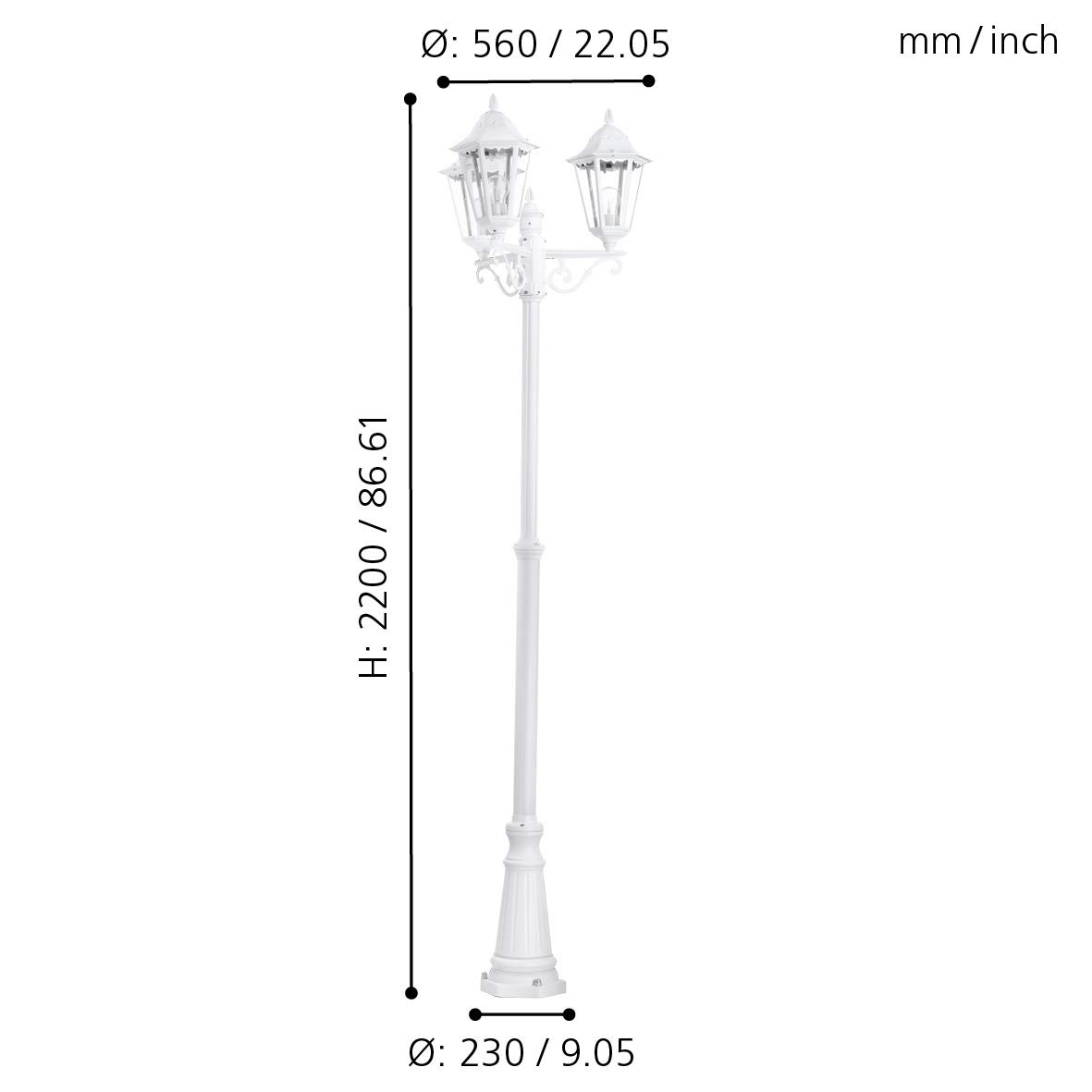 EGLO Außen-Stehlampe Navedo 3-flammig E27 IP44 220 cm Aluguss Glas Weiß