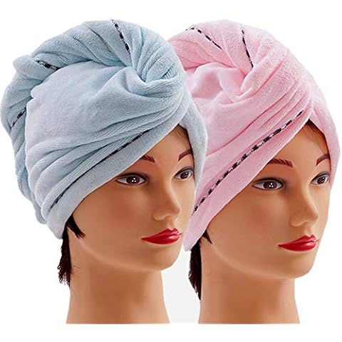 CAIHONG Hair Turban Towel Microfibre 2 Pack, Super Absorbent Hair Towel Turban with Button Design to Dry Hair Quickly - (Blue & Pink) Cover