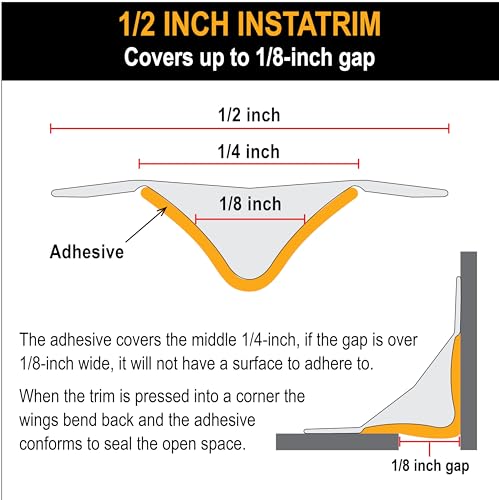 Image of InstaTrim The Original Flexible Trim - 10ft White 1 /2 inch Wide Adhesive Trim with Many Uses Including Bathtubs, Sinks, Counters, Tile, Floors - Made in USA | Flexible white 1 /2 in x 10 ft self-adhesive trim seals gaps around tubs, sinks, counters, tile, floors, and home surfaces.