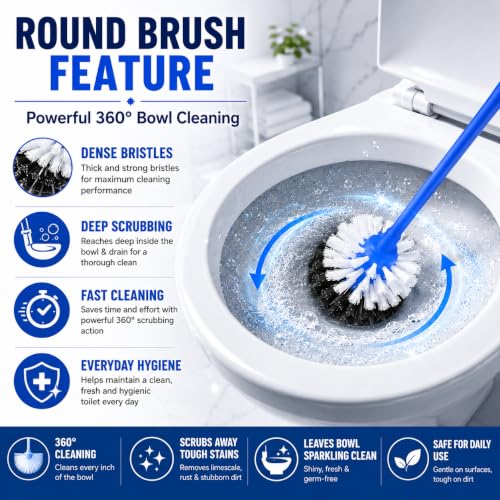 Image of PulGos 7-in-1 Bathroom Cleaning Kit | 2 Toilet Brushes-Hockey & Round Style | with 3 Self-Adhesive Wall Hooks & 2 Steel Scrubber Pads | Washroom's Deep Cleaning Brush Set for Western & Indian Toilets