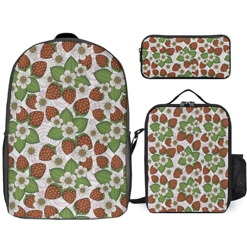 Strawberry Floral Classic Backpack Lunch Bag Pencil Case 3 Piece Set Travel Daypack
