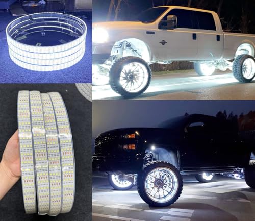 Tzvmny 4PCS 15.5 Quad Row Pure White LED Wheel Rim Lights - Bluetooth Control Breath/Strobe Flash Modes for Off-Road Car Truck White LED Wheel Lights