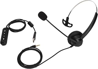 Phone Headset 3.5mm with Microphone, Unidirectional Noise Canceling Mic Corded SingleEar Headset Support Volume Control & Mute, Come with USB Adapter