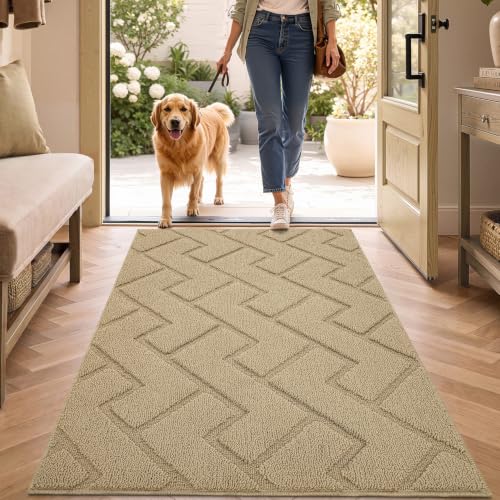 Image of Biscpro Door Mat, 80x120cm DoorMat Indoor Washable, Doormat Indoor Dirt Trapper Non-slip,Absorbent Inside Entrance Rug Mat for Entryway,Patio,Garden,Laundry Room,Pets - Beige