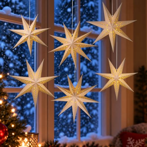 Paper Star Lanterns with Lights, Christmas Hanging Decoration, 6-Pack
