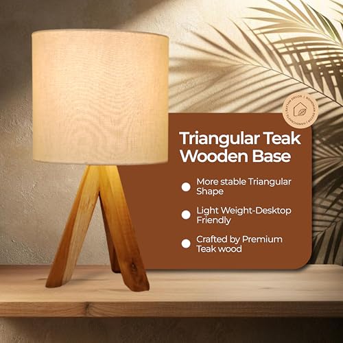 Image of Ikari Homes Modern Teak Tripod LED Table Lamp With Wooden Base And White Fabric Shade, Bedside Desk Light For Living Room I Bedside Lamp For Night /Study Lamp I Size 16.75 In X 8.6 In