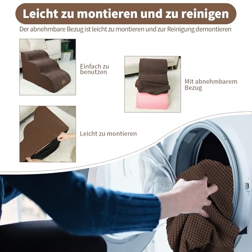 Nepfaivy Hundetreppe für Kleine Hunde 3-Stufig, Haustiertreppe für Bett und Sofa aus Hochdichtem Schwamm, Hunde Treppe Hunderampe mit Abnehmbarem, Waschbarem Bezug und Rutschfestem Boden, 60x40x40cm