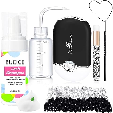 BUCICE Lash Shampoo for Eyelash Extension Kit, Eyelash Extension Cleanser with USB Lash Fan 150ml Wash Bottle 60ml Clean Mousse Mascara Brush Cleansing Brushes Lash Mirror for Salon and Home Use Cover