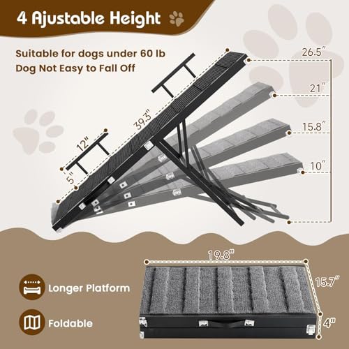 Image of Dog Ramp for Car, Pet Ramp for Adjustable Hight, Folding Dog Ramps for Large Dogs, Dog Ramp for Bed with Anti-Slip Carpet and Safety Rails, Dog Ramps for Indoor Sofa Bed, Black