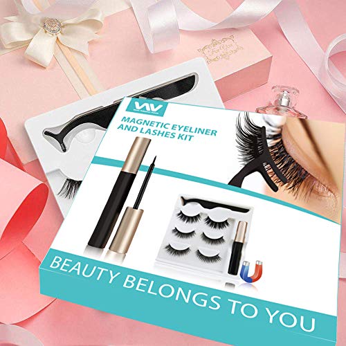 Magnetic Eyelashes, Magnetic Eyeliner and Lashes Kit with 2 Tubes Of Eyeliner, 3 Styles Magnetic Lashes, Reusable Silk False Magnetic Eyelashes, No Glue Needed, Easier To Use