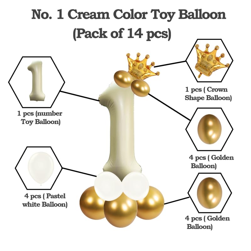 Image of Cream Color 32 Inch Number 1 Helium Foil Balloon for Birthday Decoration Items | Anniversary Decoration Items | Pack of 14