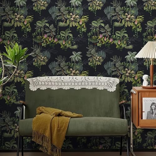 Ismoon Tropical Peel and Stick Wallpaper Black Green Contact Paper Dark Leaf Forest Wall Paper Stick and Peel Vinyl Removable Self Adhesive Wallpaper for Bedroom Cabinet 16.1x393in by Ismoon - Image 3