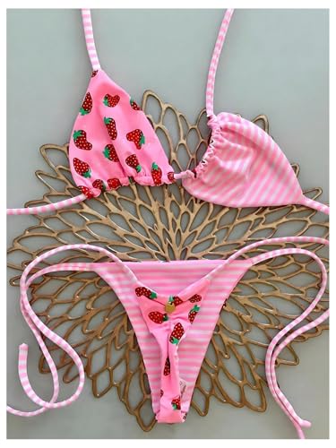 Maillot de bain 2 pièces rayé avec détails fraises et bas string ajustables - 2
