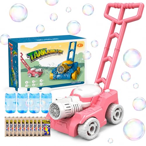 Seifenblasen-Rasenmäher für Kinder mit Lichtfunktion Seifenblasenmaschine Kinder Outdoor inkl. 4 x 50 ml Seifenblasenlösung & 10 Konzentratbeuteln rosa Spielzeug-Rasenmäher für Garten Hof & Park