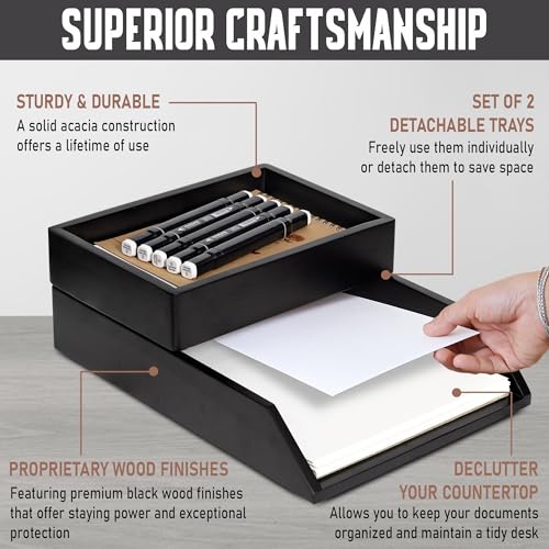Demigo Desk Organizer Letter Tray Set of 2, Acacia Wood Tabletop Desktop for Storage Paper Letter Folders Notebooks Copy Print, Workspace Holder, Keep Stationery Saver (Black) - Image 3
