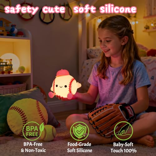 Image of OkiyiD Softball Lamp, Dimmable Silicone Touch Night Light, Soft Glow Bedside Lamp for Bedroom Desk Decor, Softball Gifts for Girls, USB Powered with Gentle Illumination