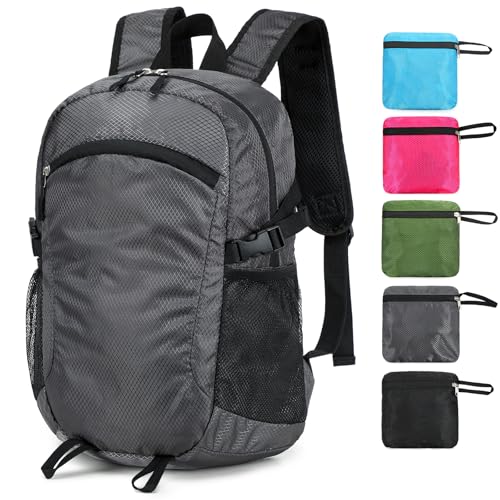 SFIUYDS Small Hiking Backpack 15L Travel Lightweight Hiking Packable Daypack Water-Resistant Foldable Backpacks for Women Men Camping (Grey)