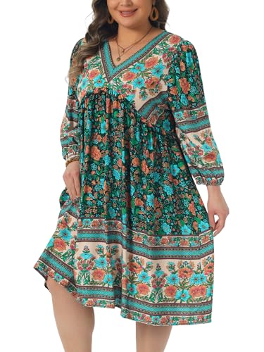 Image of Agnes Orinda Plus Size Summer Dress for Women Casual Boho Floral V Neck 3 /4 Sleeve Midi Short Beach Dress