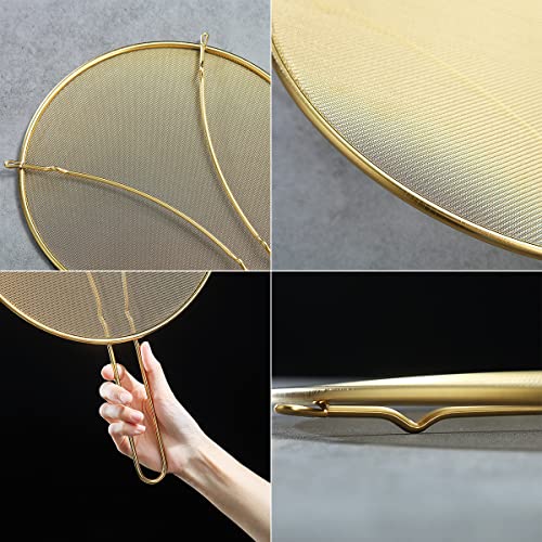 Gold Splatter Screen For Cooking 11.8'', Stainless Steel Grease Splatter Guard For Frying Pan, Fine Mesh Splatter Screen With Resting Feet, Comfort Grip Handle, Safe Cooking Lid, Keeps Kitchen Clean #TOP6