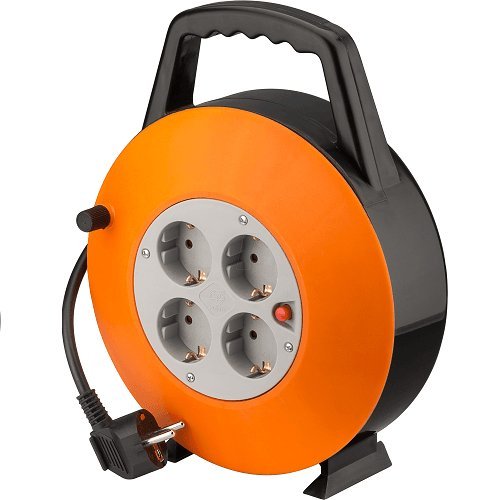 CABLEPELADO - Alargadera eléctrica 4 Tomas schuko - Manguera eléctrica - Enrollacable electrico - Regleta Electricidad - RoHS - CEE7-3000w - con manivela - fácil Transporte - 15 Metros Color Naranja
