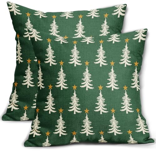 Green Christmas Pillow Covers 16x16 Set of 2 Xmas Tree Star Rustic Winter Print Decorative Outdoor Pillowcases Farmhouse Vintage Holiday Decorations Throw Cushion Case Decor for Couch Sofa Bed