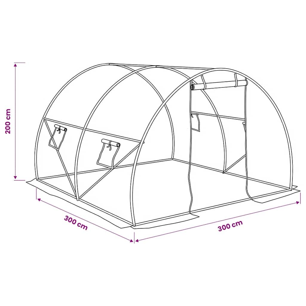 Szklarnia 9 m² 300 x 300 x 200 cm, z siatki PE o gramaturze 170 g/m² z ocynkowaną stalową ramą, 4 okna, drzwi, na pomidory, warzywa, do uprawy w ogrodzie