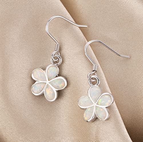 925 Sterling Silver Created Opal Hawaiian Plumeria Flower Dangle Hook Earrings, Nickel Free Hypoallergenic for Sensitive Skin, Rhodium Finished, Gift Box Included2