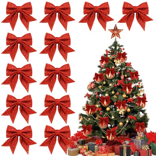 12 Pezzi Fiocchi Rossi Albero di Natale, 12x15cm Rosso Fio-cco Albe-ro Nata-le, Fio-cchi per Albero di Natale Grande, Fiocchi Natalizi Glitterati per Decorazioni Festa, Famiglia, Matrimonio,Regalo