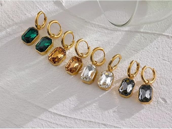Image of El Regalo Stainless Steel Rectangular Cut Rhinestone Hoop Earrings - Elegant 18K Gold Plated Waterproof Vintage-Inspired Cubic Zirconia Huggie Hoops for Women