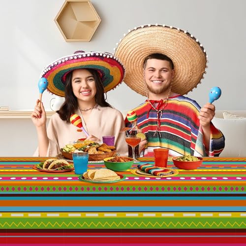 Image of Kochorie 100 Ft x 54 Inch Mexican Fiesta Party Tablecloth Roll with Cutting Box Disposable Plastic Mexican Striped Table Cover Backdrop for Fiesta Taco Party Supplies