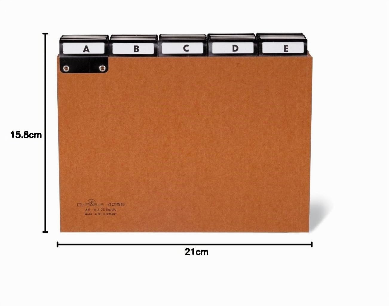 Durable 425511 - Divisore alfabetico in cartoncino per schedario, cavalierini termosaldati, f.to A5, etichette prestampate, marrone, conf. da 25 pezzi