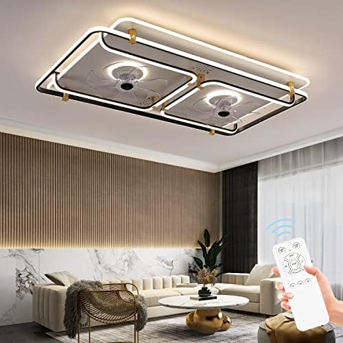 SHIHOT LED Double Ceiling Fan with Lights, Modern Indoor Low Profile Ceiling Fan with Remote and Bluetooth Speaker Flush Mount for Bedroom Small Room