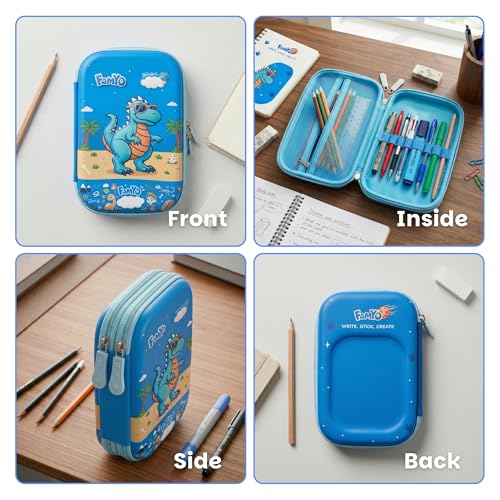 Image of Famyo Rexy Dino Pencil Pouch for Kids | 3 Compartment Pencil Case | Hard Shell EVA Pencil Box with Mesh Pocket & Zipper | School Stationery Organizer for Boys & Girls