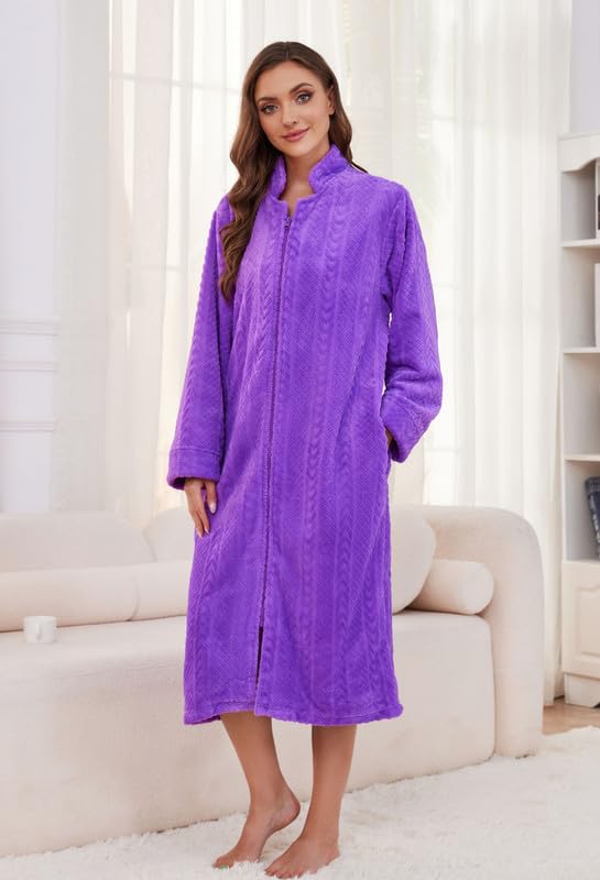 Image of LYCY Women Plush Zipper Robe, Long Fleece House Coat Nightgown with Pockets Solid Bathrobe