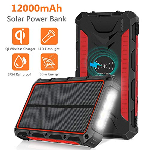 Solar Charger, 12000mAh QI Wireless Solar Power Bank Portable Chargers External Battery Pack