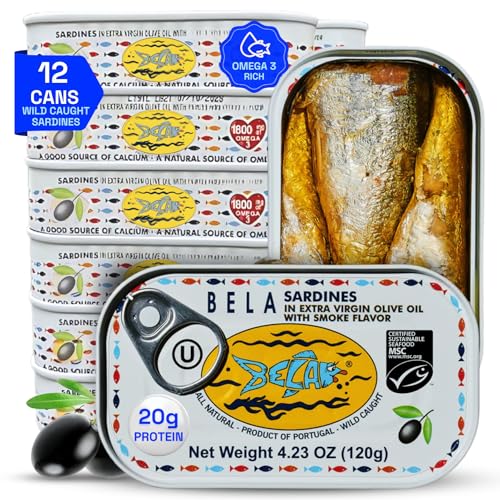 BELA Wild Caught Portuguese Sardines - Lightly Smoked & Marinated in Extra Virgin Olive Oil | 4.25 Oz (Pack of 12) | All Natural, High Protein, Hand Selected, Sea Salted, & Omega 3 Rich